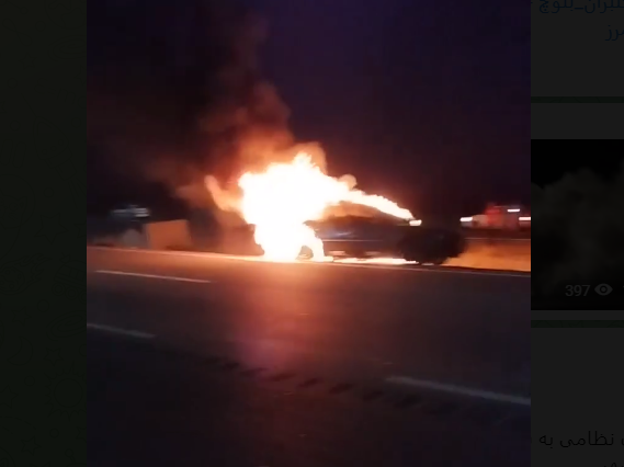 آتش گرفتن یک خودروی سوختبری بر اثر تیراندازی مستقیم نیروهای نظامی